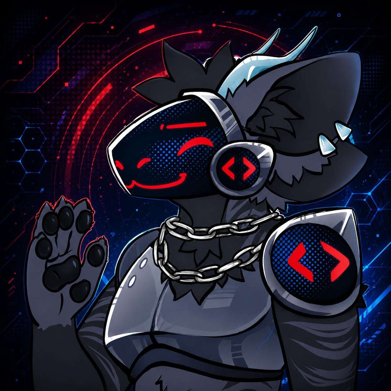 Sysara Prime, a dark protogen with a glowing red visor against a cybernetic red and blue background.